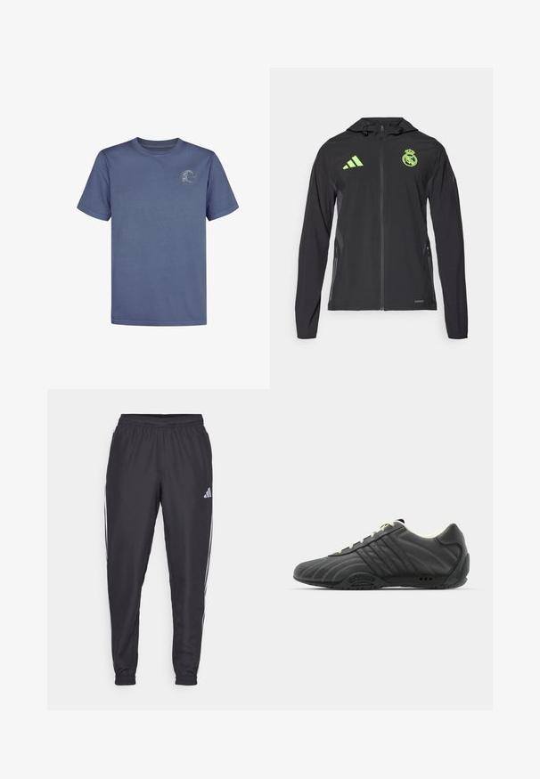 adidas Performance REAL MADRID TIRO25 PRO VIS TECH TRAVEL JACKET - Klubbkläder - black/lucid lemon; Blå bomulls T-shirt med korta ärmar och rundad halsringning, med en cirkulär logotyp på den övre vänstra bröstområdet. Slät textur.; Svarta träningsbyxor med elastisk midja, med vita ränder längs sidorna och en liten logotyp på höften. Slät textur.; adidas Originals ADIRACER UNISEX - Sneakers - core black/cream white