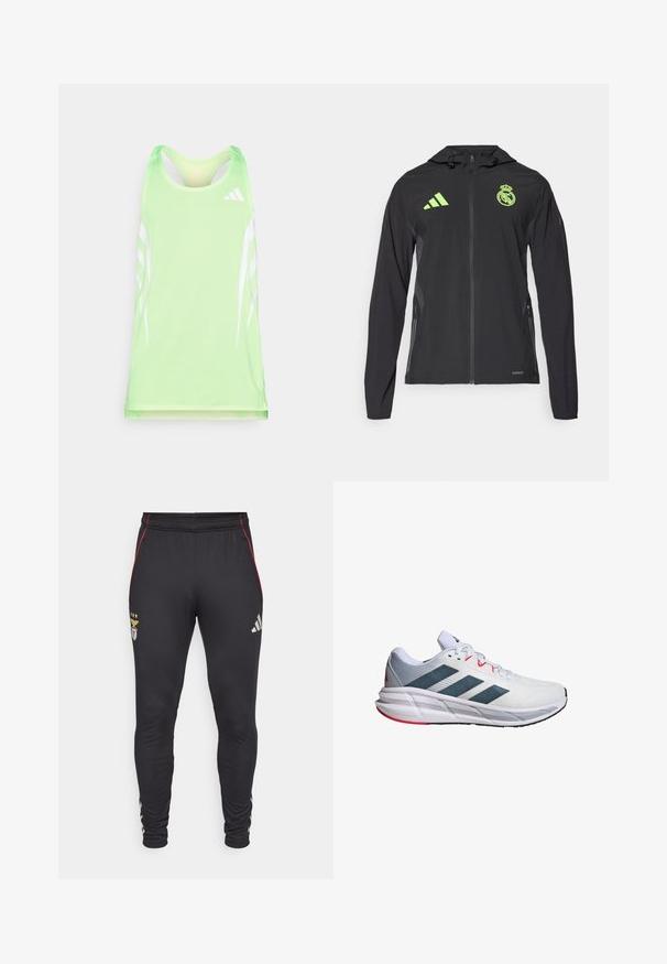 adidas Performance REAL MADRID TIRO25 PRO VIS TECH TRAVEL JACKET - Vereinsmannschaften - black/lucid lemon; Grünes Sporttanktop aus strukturiertem Mesh-Stoff, mit weißen diagonalen Streifen und einem Adidas-Logo auf der oberen rechten Seite.; Schwarze Sporthosen mit roten Seitestreifen, mit einem Logo und drei Sternen auf der Vorderseite. Hergestellt aus einem weichen, dehnbaren Material.; Weißer Sportschuh mit grauen und blauen Akzenten, verfügt über ein strukturiertes Obermaterial, ein Design mit drei Streifen und eine gepolsterte Zwischensohle mit roten Details.