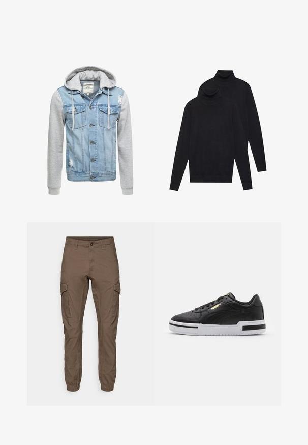 Denim jacket with a light blue body, gray long sleeves, and a hood. Features front buttons and two chest pockets with distressed detail.; Two black long-sleeve turtleneck sweaters, plain knit, stacked with one slightly behind the other on a white background.; Cargo pants in a dark brown color, made of durable fabric. Features elastic cuffs, side pockets, and a front button closure.; Black leather sneaker with white midsole, perforated toe, gold logo detail, padded collar, and contrasting black accents on the side.