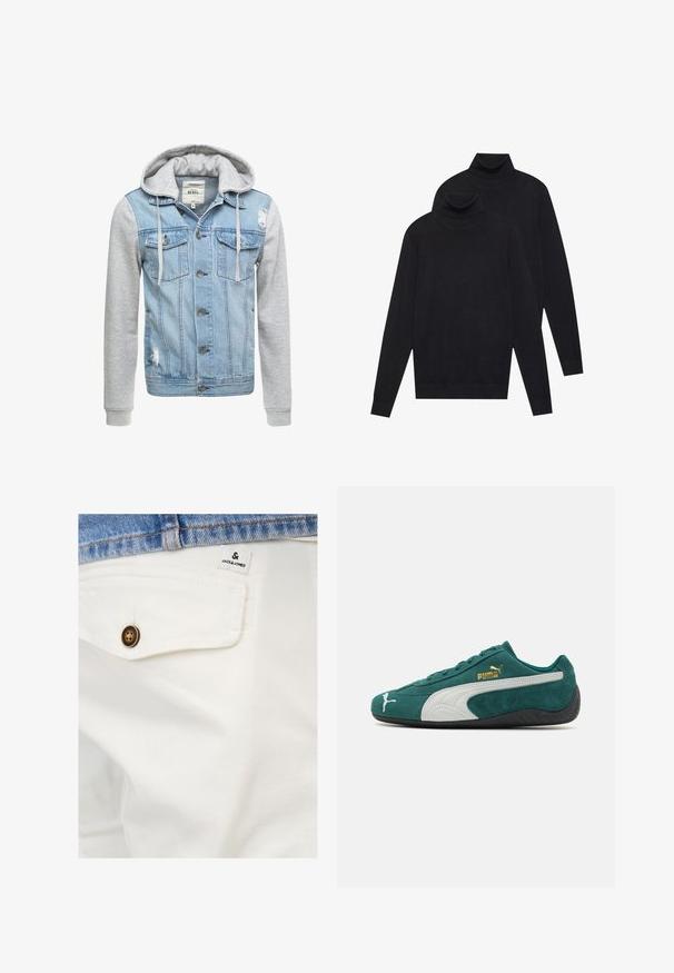 Vászon dzseki világoskék testtel, szürke hosszú ujjaival és kapucnijával. Elöl gombokkal és két zsebével a mellkason, kopott részletekkel.; Két fekete, hosszúujjú garbó, sima kötésű, egymásra helyezve, az egyik kicsit a másik mögött, fehér háttér előtt.; Fehér pamut sort elülső zsebbel, barna gombbal és egy kis JACK & JONES címkével a deréknál.; Zöld velúr sportcipő fehér és szürke akcentussal, texturált felülettel, lapos gumitalppal és arany logóval az oldalon.