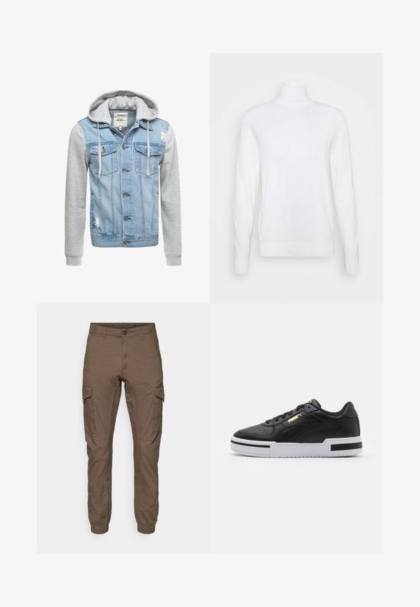 Giacca di jeans con corpo azzurro chiaro, maniche lunghe grigie e cappuccio. Presenta bottoni frontali e due tasche sul petto con dettagli logorati.; Maglione bianco a collo alto con maniche lunghe, realizzato in tessuto liscio. Presenta un design aderente e polsini e orlo a coste. Senza motivi o dettagli.; Pantaloni cargo di colore marrone scuro, realizzati in tessuto resistente. Presentano polsini elasticizzati, tasche laterali e una chiusura a bottone anteriore.; Sneaker in pelle nera con suola bianca, punta perforata, dettaglio logo in oro, collare imbottito e accenti neri a contrasto sui lati.