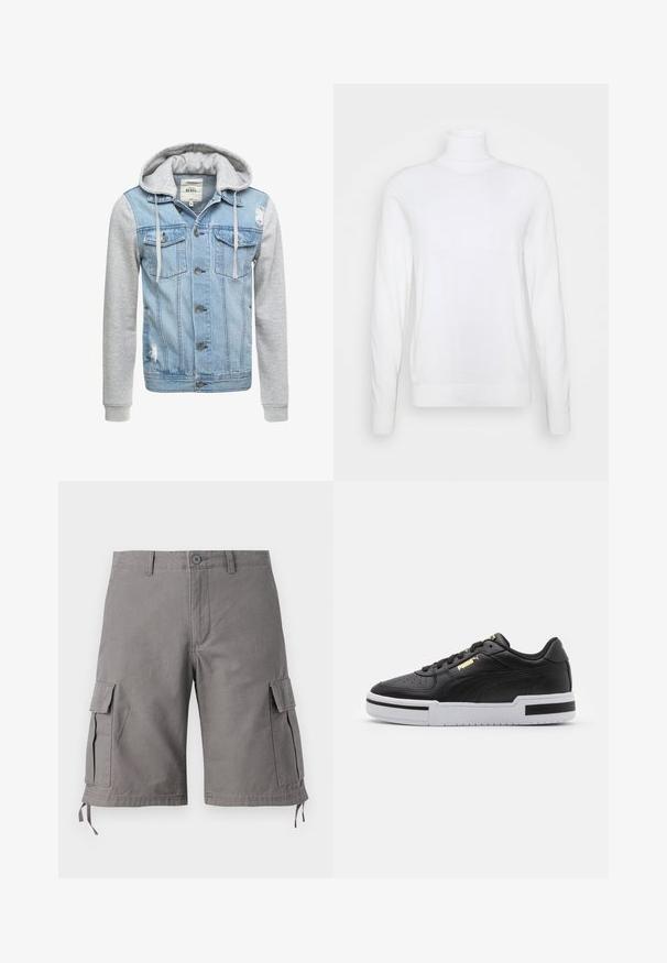 Veste en denim avec un corps bleu clair, des manches longues grises et une capuche. Comprend des boutons à l'avant et deux poches poitrine avec un détail usé.; Pull à col roulé blanc avec des manches longues, fabriqué en tissu lisse. Présente un design ajusté et des poignets et un ourlet côtelés. Pas de motifs ni d'accents.; Shorts cargo gris en tissu mélangé coton. Dotés de poches latérales, de cordons de serrage réglables en bas et d'une fermeture à bouton.; Sneakers en cuir noir avec une semelle intermédiaire blanche, bout perforé, détail de logo doré, col rembourré et accents noirs contrastants sur le côté.