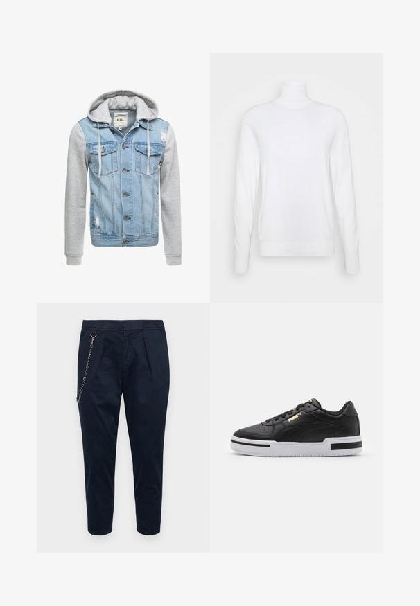 Denim jacket with a light blue body, gray long sleeves, and a hood. Features front buttons and two chest pockets with distressed detail.; White turtleneck sweater with long sleeves, made of smooth fabric. Features a fitted design and ribbed cuffs and hem. No patterns or accents.; Redefined Rebel LEE CROPPED  - Trousers - sky captain; Black leather sneaker with white midsole, perforated toe, gold logo detail, padded collar, and contrasting black accents on the side.
