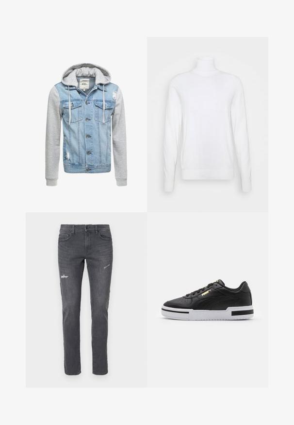 Vászon dzseki világoskék testtel, szürke hosszú ujjaival és kapucnijával. Elöl gombokkal és két zsebével a mellkason, kopott részletekkel.; Fehér garbópulóver hosszú ujjakkal, sima anyagból készült. Illeszkedő fazonú, bordázott mandzsettákkal és alsó szegéllyel rendelkezik. Nincs rajta minta vagy díszítés.; Sötétszürke farmernadrág slim fit fazonnal, amely kopott részletekkel és öt zsebbel rendelkezik. Klasszikus design, finom fakulással ésenes lábszárral.; Fekete bőrsneaker fehér középtalppal, perforált orral, arany logóval, párnázott bokarésszel és kontrasztos fekete részletekkel az oldalon.