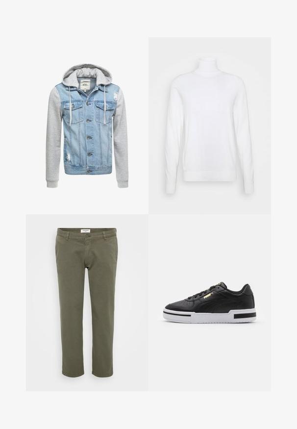 Chaqueta de mezclilla con un cuerpo de color azul claro, mangas largas grises y capucha. Presenta botones en la parte frontal y dos bolsillos en el pecho con detalles desgastados.; Suéter blanco de cuello alto y mangas largas, hecho de una tela suave. Presenta un diseño ajustado y puños y dobladillo acanalados. Sin patrones ni acentos.; Chinos verde oliva con corte recto, elaborados en algodón con ligera textura, con cierre de botón y trabillas para cinturón.; Zapatilla deportiva de cuero negro con media suela blanca, puntera perforada, detalle del logo en dorado, cuello acolchado y acentos en negro contrastantes en los laterales.