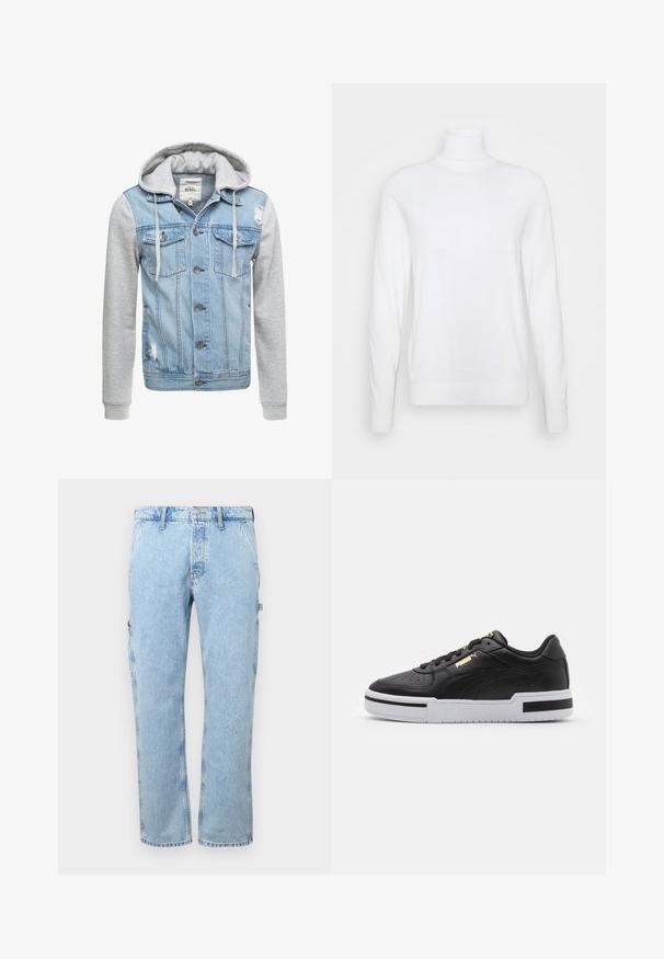 Denim jakk, millel on helesinine keha, hallid pikad varrukad ja kapuuts. Ees on nööbid ja kaks rinnaesarat, millel on kulumise detailid.; Valge kõrge kaelusega kampsun pikkade varrukatega, valmistatud siledast kangast. Omab sobivat lõiget ning üldiselt ribaroheline varrukate ja küljepidi. Ei sisalda mustreid ega aktsente.; Heledad sinised denimpüksid sirge säärekujundusega, küljetaskud ja nupuga kinnitamine vööl. Kangas on pleekinud tekstuuriga.; Must have nahkast jooksujalats valge vaheosaga, perforatsiooni kohal, kuldse logosilmbiga, pehmendusega kaelaosas ning kontrastsete mustade aktsentidega külgedel.