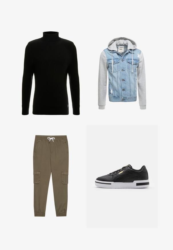 Denim jakk, millel on helesinine keha, hallid pikad varrukad ja kapuuts. Ees on nööbid ja kaks rinnaesarat, millel on kulumise detailid.; Mustamugane kõrge kaelusega sviiter, pikkade varrukatega, soonikuline tekstuur, liibuv siluett ja väike brändi silt all vasakul.; Khaki cargo püksid elastse vöökoha ja stringiga, külgtaskud ja voltidega pahkluude juures. Valmistatud tekstureeritud, kerget materjalist.; Must have nahkast jooksujalats valge vaheosaga, perforatsiooni kohal, kuldse logosilmbiga, pehmendusega kaelaosas ning kontrastsete mustade aktsentidega külgedel.