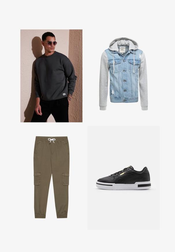 Džínová bunda so svetlomodrým telom, sivými dlhými rukávmi a kapucňou. Obsahuje predné gombíky a dve náprsné vrecká s opotrebovaným vzhľadom.; Tmavošedý sveter s okrúhlym výstrihom, rebrovanými manžetami a malou značkovou etiketou na leme, doplnený okrúhlymi slnečnými okuliarmi.; Khaki cargo nohavice s elastickým pásom a šnúrkou, pričom majú bočné vrecká a zúžené členky. Vyrobené z textúrovaného, ľahkého materiálu.; Čierne kožené tenisky s bielou medzipodrážkou, perforovanou špičkou, zlatým logom, polstrovaným golierom a kontrastnými čiernymi akcentmi na boku.