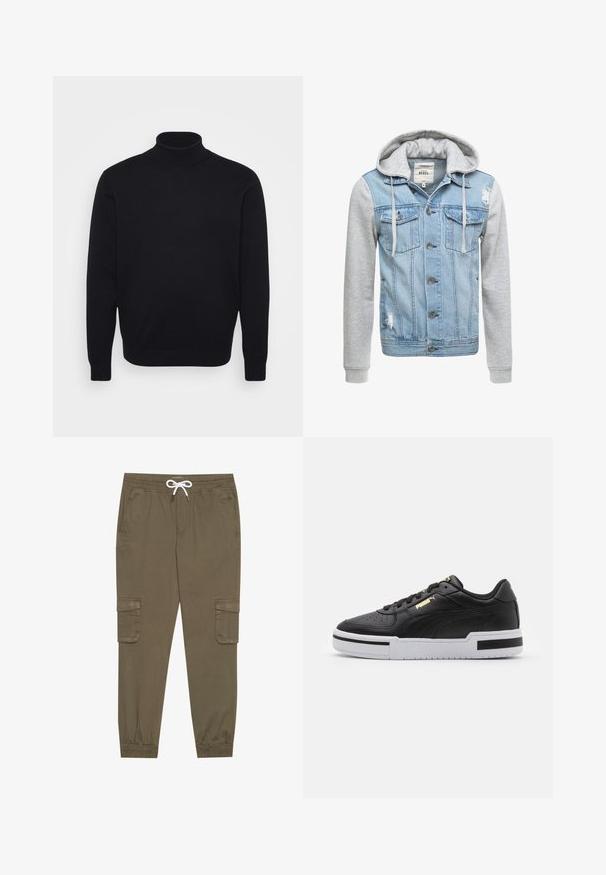 Jeansjacke mit einem hellblauen Körper, grauen langen Ärmeln und einer Kapuze. Verfügt über Frontknöpfe und zwei Brusttaschen mit abgenutztem Detail.; Schwarzer Rollkragenpullover aus glattem Strickmaterial, mit langen Ärmeln und taillierter Passform sowie einem hohen Kragen.; Khaki Cargo-Hosen mit elastischem Bund und Kordelzug, aus seitlichen Taschen und umgeschlagenen Knöcheln. Hergestellt aus einem strukturierten, leichten Material.; Schwarze Leder sneaker mit weißer Mittelsohle, perforierter Zehenpartie, goldfarbenem Logodetail, gepolstertem Kragen und kontrastierenden schwarzen Akzenten an der Seite.
