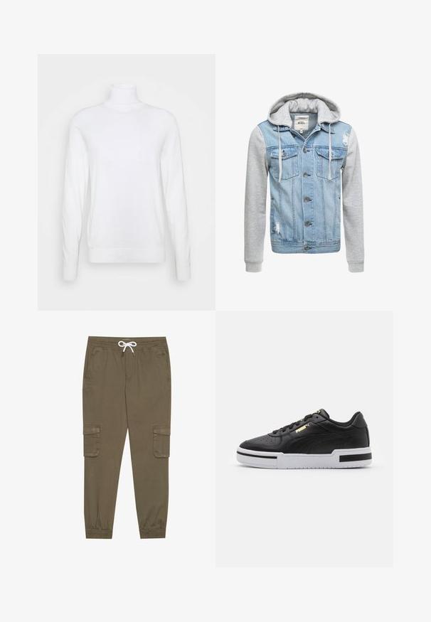 Jeansjacke mit einem hellblauen Körper, grauen langen Ärmeln und einer Kapuze. Verfügt über Frontknöpfe und zwei Brusttaschen mit abgenutztem Detail.; Weißer Rollkragenpullover mit langen Ärmeln, aus glattem Stoff gefertigt. Verfügt über eine taillierte Passform sowie gerippte Bündchen und Saum. Keine Muster oder Akzente.; Khaki Cargo-Hosen mit elastischem Bund und Kordelzug, aus seitlichen Taschen und umgeschlagenen Knöcheln. Hergestellt aus einem strukturierten, leichten Material.; Schwarze Leder sneaker mit weißer Mittelsohle, perforierter Zehenpartie, goldfarbenem Logodetail, gepolstertem Kragen und kontrastierenden schwarzen Akzenten an der Seite.
