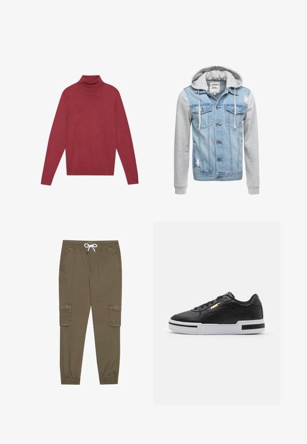 Giacca di jeans con corpo azzurro chiaro, maniche lunghe grigie e cappuccio. Presenta bottoni frontali e due tasche sul petto con dettagli logorati.; Maglione a collo alto rosso realizzato in morbido tessuto a maglia. Presenta maniche lunghe e una vestibilità aderente. Tessuto liscio senza motivi o accessori visibili.; Pantaloni cargo khaki con elastico in vita e cordino, dotati di tasche laterali e caviglie cuffiate. Realizzati in un materiale leggero e testurizzato.; Sneaker in pelle nera con suola bianca, punta perforata, dettaglio logo in oro, collare imbottito e accenti neri a contrasto sui lati.