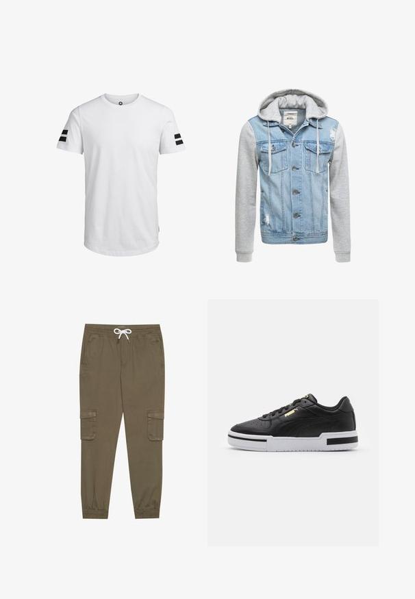 Denim jaka ar gaišu zilu korpusu, pelēkām garām piedurknēm un kapuci. Aprīkota ar priekšējiem pogām un divām krūšu kabatām ar nolietotu detaļu.; Jack & Jones JCOBORO TEE CREW NECK - Apdrukāts T-krekls - white; Kaki kravas bikses ar elastīgu jostu un auklu, ar sānu kabatām un piegrieztiem potīšu galiem. Izgatavotas no teksturēta, viegla materiāla.; Melnas ādas sporta kurpes ar baltu viduspaldu, perforētu purngalu, zelta logotipa detalizāciju, mīkstu apkaklīti un kontrastējošām melnām akcentēm sānos.