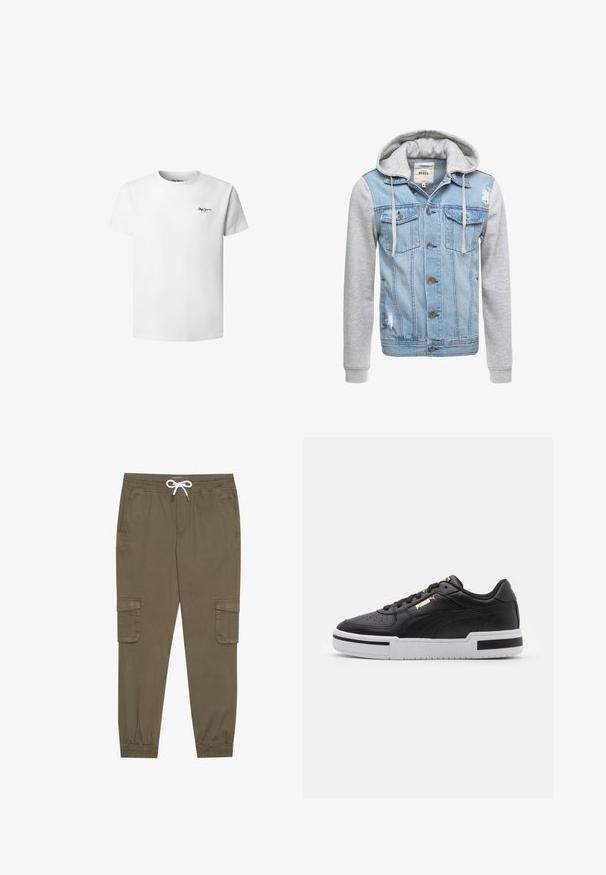 Džínová bunda s tělem v světle modré barvě, šedými dlouhými rukávy a kapucí. Obsahuje přední knoflíky a dvě náprsní kapsy s opotřebeným detailem.; Bílý bavlněný tričko s kulatým výstřihem, krátkými rukávy a malým černým logem na levé straně hrudi. Hladká textura, standardní střih.; Khaki cargo kalhoty s elastickým pasem a tkaničkou, s bočními kapsami a manžetami na kotnících. Vyrobeno z texturovaného, lehkého materiálu.; Černé kožené tenisky s bílou mezipodešví, perforovanou špičkou, zlatým logem, polstrovaným límcem a kontrastními černými akcenty na straně.