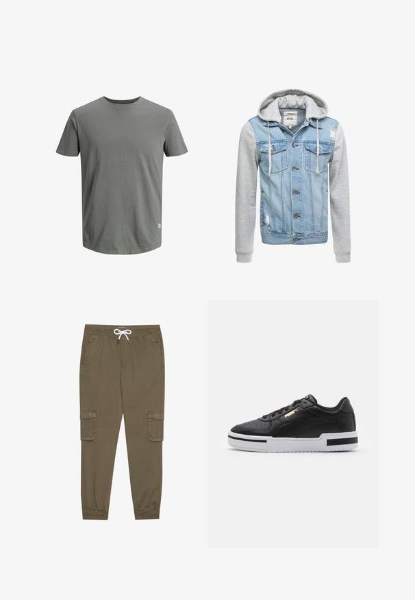 Farkkutakki, jossa on vaaleansininen vartalo, harmaat pitkät hihat ja huppu. Varustettu etunapeilla ja kahdella rintataskulla, joissa on kulutettu yksityiskohta.; Jack & Jones JJENOA TEE CREW NECK - T-paita - sedona sage; Khaki cargo-housut, joissa on joustava vyötärö ja kiristysnauha, sekä sivutaskut ja lahkeiden resorit. Valmistettu teksturoidusta, kevyestä materiaalista.; Musta nahkainen lenkkari, jossa on valkoinen välipohja, rei'itetty varvastoppa, kultainen logodetail, pehmustettu nilkkareuna ja mustat kontrastivärit sivuilla.