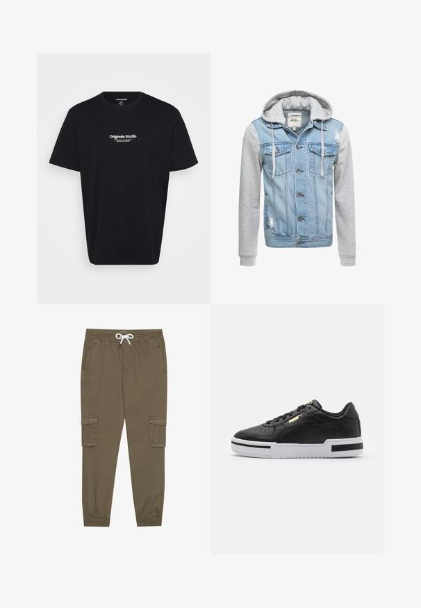 Denimjakke med en lys blå krop, grå lange ærmer og hætte. Har frontknapper og to brystlommer med slidte detaljer.; Sort bomulds T-shirt med korte ærmer, rund hals og hvid tekst "Originals Studio" trykt på forsiden. Glat tekstur, afslappet pasform.; Khaki cargo bukser med elastisk linning og snor, med sidelommer og manchetter ved anklerne. Fremstillet af et tekstureret, let materiale.; Sort lædersneaker med hvid mellemsål, perforeret tå, guld logo detalje, polstret krave og kontrasterende sorte accenter på siden.