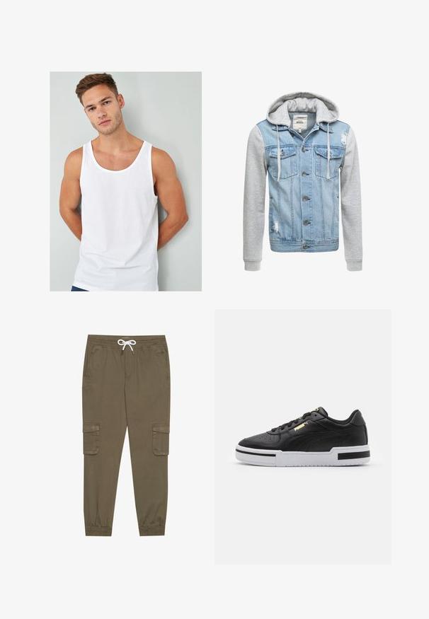 Denimjakke med en lys blå krop, grå lange ærmer og hætte. Har frontknapper og to brystlommer med slidte detaljer.; Hvid bomulds tanktop med rund halsudskæring og bredde ærmegab, vist på en model mod en lys grå baggrund.; Khaki cargo bukser med elastisk linning og snor, med sidelommer og manchetter ved anklerne. Fremstillet af et tekstureret, let materiale.; Sort lædersneaker med hvid mellemsål, perforeret tå, guld logo detalje, polstret krave og kontrasterende sorte accenter på siden.