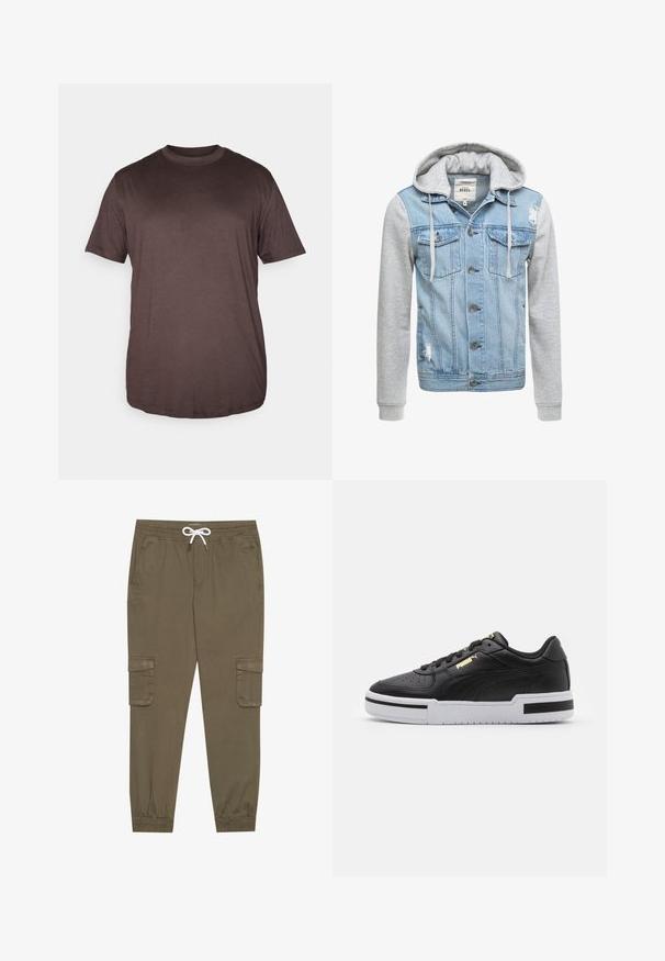 Denim jakk, millel on helesinine keha, hallid pikad varrukad ja kapuuts. Ees on nööbid ja kaks rinnaesarat, millel on kulumise detailid.; Jack & Jones JJEBRADLEY NOOS - Lihtne T-särk - mulch; Khaki cargo püksid elastse vöökoha ja stringiga, külgtaskud ja voltidega pahkluude juures. Valmistatud tekstureeritud, kerget materjalist.; Must have nahkast jooksujalats valge vaheosaga, perforatsiooni kohal, kuldse logosilmbiga, pehmendusega kaelaosas ning kontrastsete mustade aktsentidega külgedel.