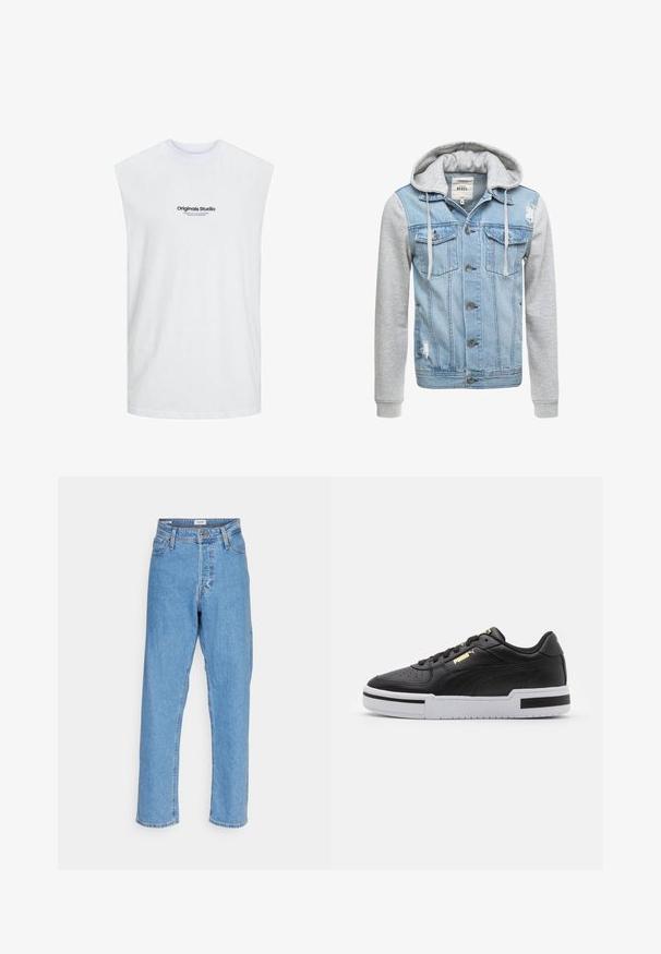Denim jakk, millel on helesinine keha, hallid pikad varrukad ja kapuuts. Ees on nööbid ja kaks rinnaesarat, millel on kulumise detailid.; Jack & Jones JORVESTERBRO SLEEVELESS - Topp - bright white; Heled sinised kõrge vöökoha sirged teksad eesnupu ja lukuga, vööloopide ja viie-tasku disainiga valge tausta ees.; Must have nahkast jooksujalats valge vaheosaga, perforatsiooni kohal, kuldse logosilmbiga, pehmendusega kaelaosas ning kontrastsete mustade aktsentidega külgedel.