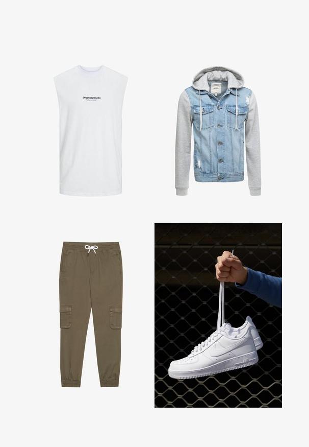 Džínová bunda so svetlomodrým telom, sivými dlhými rukávmi a kapucňou. Obsahuje predné gombíky a dve náprsné vrecká s opotrebovaným vzhľadom.; Jack & Jones JORVESTERBRO SLEEVELESS - Top - bright white; Khaki cargo nohavice s elastickým pásom a šnúrkou, pričom majú bočné vrecká a zúžené členky. Vyrobené z textúrovaného, ľahkého materiálu.; Biele kožené tenisky s perforáciami, okrúhlou špičkou, plochou podrážkou a hrubými šnúrkami, pričom majú viditeľné logo swoosh a nápis "AIR" na päte.