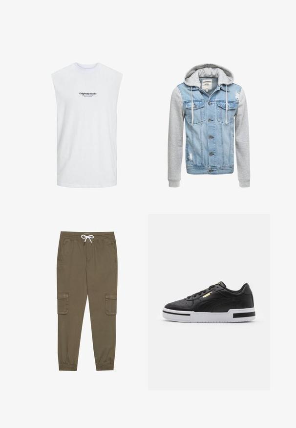Džínová bunda s tělem v světle modré barvě, šedými dlouhými rukávy a kapucí. Obsahuje přední knoflíky a dvě náprsní kapsy s opotřebeným detailem.; Jack & Jones JORVESTERBRO SLEEVELESS - Top - bright white; Khaki cargo kalhoty s elastickým pasem a tkaničkou, s bočními kapsami a manžetami na kotnících. Vyrobeno z texturovaného, lehkého materiálu.; Černé kožené tenisky s bílou mezipodešví, perforovanou špičkou, zlatým logem, polstrovaným límcem a kontrastními černými akcenty na straně.