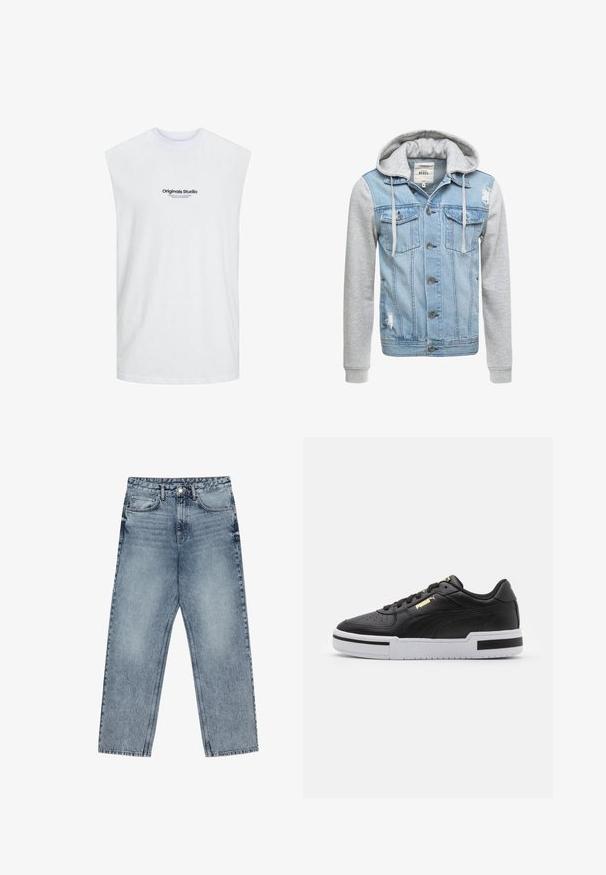 Chaqueta de mezclilla con un cuerpo de color azul claro, mangas largas grises y capucha. Presenta botones en la parte frontal y dos bolsillos en el pecho con detalles desgastados.; Jack & Jones JORVESTERBRO SLEEVELESS - Top - bright white; Jeans de mezclilla azul claro con corte recto, costuras visibles, diseño de cinco bolsillos y cierre de botón en la cintura.; Zapatilla deportiva de cuero negro con media suela blanca, puntera perforada, detalle del logo en dorado, cuello acolchado y acentos en negro contrastantes en los laterales.