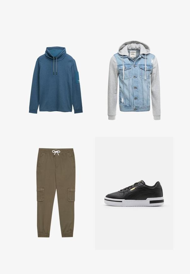 Trenirka od denima s tijelom svijetloplave boje, dugim sivim rukavima i kapuljačom. Ima prednje gumbe i dva džepa na prsima s istrošenim detaljima.; Plava, dugih rukava pulover s visokim ovratnikom, detaljem sžiće i kontrastnom krpom na lijevom rukavu. Mekani, teksturirani materijal.; Khački cargo hlače s elastičnom strukom i vezicom, s bočnim džepovima i suženim gležnjevima. Izrađene od teksturiranog, laganog materijala.; Crne kožne tenisice s bijelim potplatom, perforiranim nosom, zlatnim logotipom, podstavljenim ovratnikom i kontrastnim crnim detaljima sa strane.