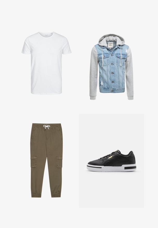 Giacca di jeans con corpo azzurro chiaro, maniche lunghe grigie e cappuccio. Presenta bottoni frontali e due tasche sul petto con dettagli logorati.; T-shirt a maniche corte e colletto rotondo di colore bianco puro, realizzato in cotone morbido, presenta un design semplice senza motivi o dettagli visibili.; Pantaloni cargo khaki con elastico in vita e cordino, dotati di tasche laterali e caviglie cuffiate. Realizzati in un materiale leggero e testurizzato.; Sneaker in pelle nera con suola bianca, punta perforata, dettaglio logo in oro, collare imbottito e accenti neri a contrasto sui lati.