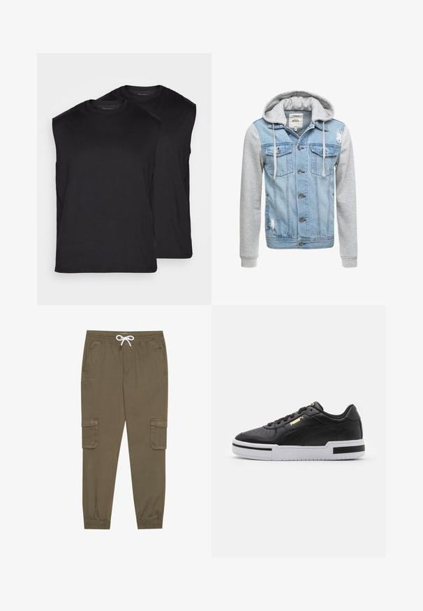Denim jakna s svetlo modrim telesom, sivimi dolgimi rokavi in kapuco. Ima sprednje gumbe in dva žepa na prsih z obrabljenim detajlom.; Črne brezrokavnike prikazane v parih, izdelane iz gladkega materiala. Okrogli izrez in čiste robove brez vidnih vzorcev ali dodatkov.; Khaki cargo hlače z elastičnim pasom in vrvico, z stranskimi žepi in manšetami na gležnjih. Narejene so iz teksturiranega, lahkega materiala.; Črne usnjene teniske z belo srednjo podlago, perforiranim prstnim delom, zlatim logotipom, podloženim ovratnikom in kontrastnimi črnimi detajli na strani.