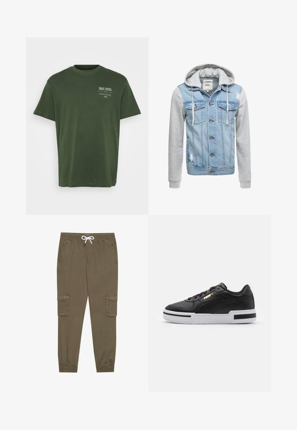 Džinsinis švarkas su šviesiai mėlynu korpusu, pilkiais ilgais rankovėmis ir gobtuvu. Yra priekiniai mygtukai ir dvi krūtinės kišenės su nusidėvėjimo detalėmis.; Žalias medvilninis marškinėliai su apvaliu kaklu, trumpomis rankovėmis ir balta spausdinta užrašu viršutiniame kairiajame kampelyje. Lygi tekstūra, laisvas siluetas.; Khaki krovinių kelnės su elastingu juosmeniu ir užtrauktuku, su šoninėmis kišenėmis ir sutrauktomis kulkšnėmis. Pagamintos iš tekstūruotos, lengvos medžiagos.; Juodai odiniai sportbačiai su balta tarpinėmis, perforuotu pirštu, auksiniu logotipu, paminkštintu apykakle ir kontrastingomis juodomis akcentais šone.
