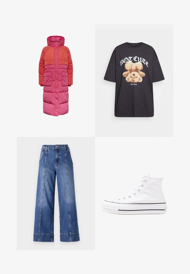 Abrigo largo tipo puffa con capucha, diseño a bloques de color en tonos rojos y rosas, con dos bolsillos frontales y cierre frontal con cremallera.; Camiseta negra de gran tamaño con un gráfico de un oso y el texto "NO LINDO SINO SALVAJE" en letras blancas y en negrita. Material de algodón.; Jeans de mezclilla azul de pierna ancha con una cintura alta, que cuentan con un cierre de botón, bolsillos frontales y costuras visibles a lo largo de las costuras laterales.; Zapatilla de lona alta blanca con suela de goma negra, puntera de goma frontal y seis ojetes para los cordones, que presenta un diseño limpio y minimalista.