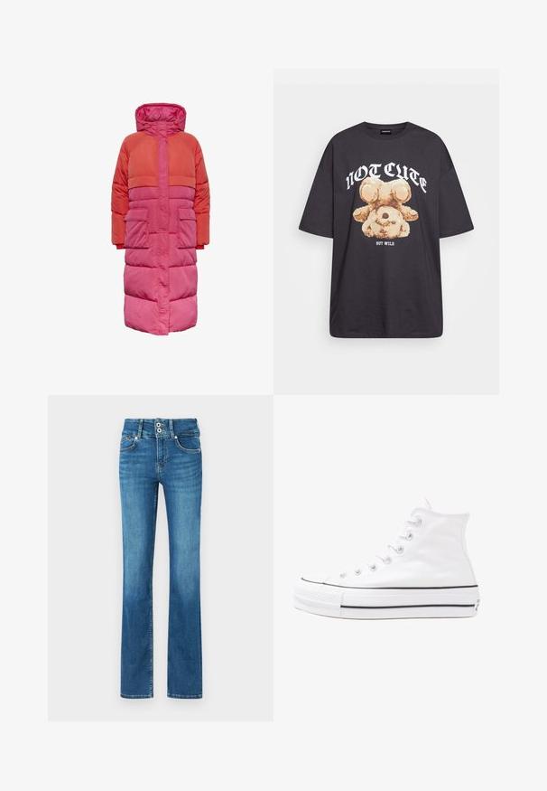 Hosszú puffertakaró kapucnival, piros és rózsaszín színblokkolásos dizájnnal, két elülső zsebbel és cipzáras előlappal.; Fekete, oversized póló, rajta egy medvével és a "NEM CUKI, HANEM FÉKTELEN" felirattal vastag, fehér betűkkel. Pamut anyag.; Kibővített kék farmert nadrág közepes derékkal, két elülső zsebbel, két hátsó zsebbel és kontrasztos varrással.; Fehér magaskorsó vászon sportcipő fekete gumi talppal, elülső gumi orrnyereggel és hat fűzőlyukkal, letisztult, minimalista dizájnnal.