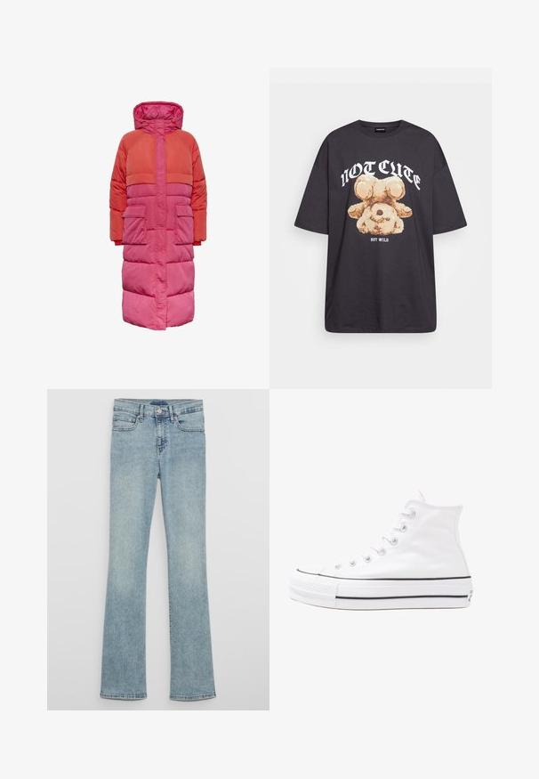 Garšs pūkains mētelis ar kapuci, krāsu bloku dizains sarkanos un rozā toņos, ar divām frontālām kabatām un ar rāvējslēdzēju aizdari.; Melna, pārmērīga t-kreklu, kurā attēlots lācis ar uzrakstu "NAV MIERĪGS, BET VILKIS" treknos baltos burtiem. Izgatavots no kokvilnas materiāla.; Gaisā zilas džinsa bikses ar izplatītām kājām un augstu vidukli, ar jostas cilpām, priekšējiem kabatām un izbalinātu mazgājuma faktūru.; Balti augstie kanvas sporta apavi ar melnu gumijas zoli, priekšējo gumijas purngalu un sešām acīm lencēm, kuriem ir tīrs, minimālistisks dizains.