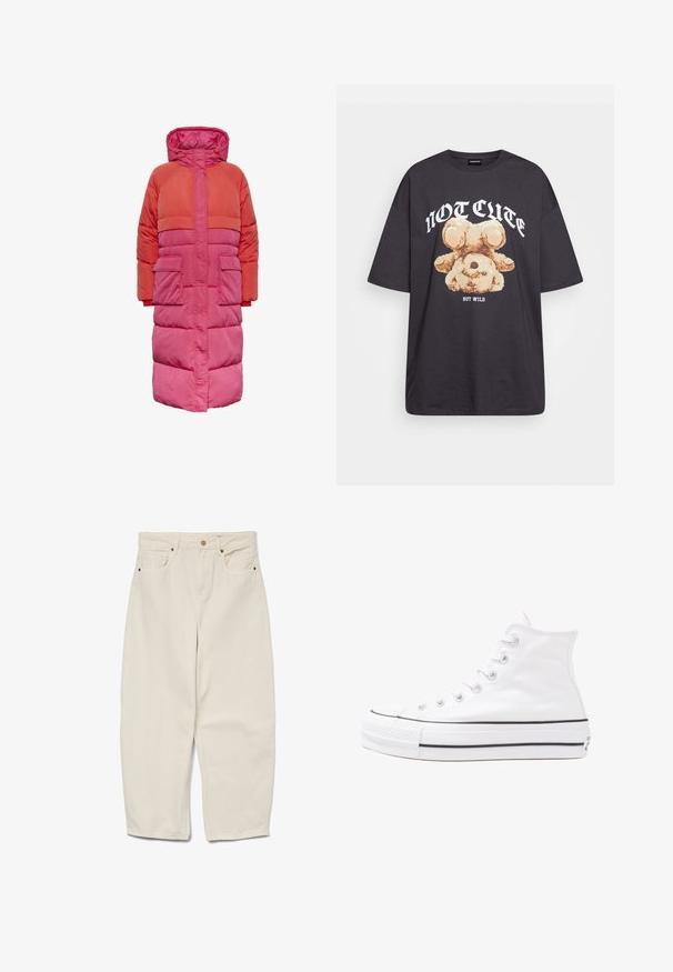 Casaco puffer longo com capuz, design em blocos de cor nas tonalidades de vermelho e rosa, com dois bolsos frontais e fecho frontal com zíper.; T-shirt oversized preto com uma gráfica de um urso e o texto "NÃO FOFO, MAS SELVAGEM" em letras brancas e em negrito. Material em algodão.; Calças largas de algodão bege com uma cintura alta, apresentando dois bolsos frontais e um fecho de botão único. Textura suave; comprimento até ao tornozelo.; Sapatilha alta de tela branca com sola de borracha preta, bico de borracha na frente e seis ilhós para os atacadores, apresentando um design limpo e minimalista.