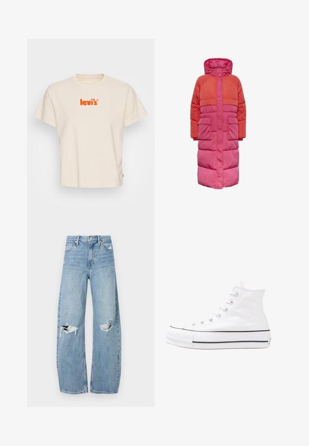 Pikend puffer-kate, millel on kapuuts, kahe erineva punase ja roosa tooni värvi kaleidoskoopne disain, kahe ees oleva tasku ja luku ees sulgemisega.; Levi's® GRAPHIC CLASSIC TEE - Trükipildiga T-särk - chenille angora; Heledad hallideega sinised teksad, millel on kõrge talje. Teksade jalgadel on lai alus, kaks rebitud kohta põlvede ümber ning klassikaline viie tasku stiil.; Valge kõrgem kangast tenniseking, millel on must kummist tald, ees kummist varvasetugi ja kuus aukku paelte jaoks, pakkudes puhta ja minimalistliku disaini.