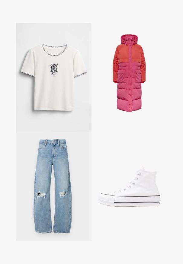 Casaco puffer longo com capuz, design em blocos de cor nas tonalidades de vermelho e rosa, com dois bolsos frontais e fecho frontal com zíper.; T-shirt branca de mangas curtas com decote redondo, apresentando bordas costuradas em azul-marinho e um gráfico bordado com texto e uma moldura decorativa.; Jeans de lavagem clara, de cintura alta, feitos de denim. Apresentam pernas largas, duas áreas rasgadas nos joelhos e o estilo clássico de cinco bolsos.; Sapatilha alta de tela branca com sola de borracha preta, bico de borracha na frente e seis ilhós para os atacadores, apresentando um design limpo e minimalista.