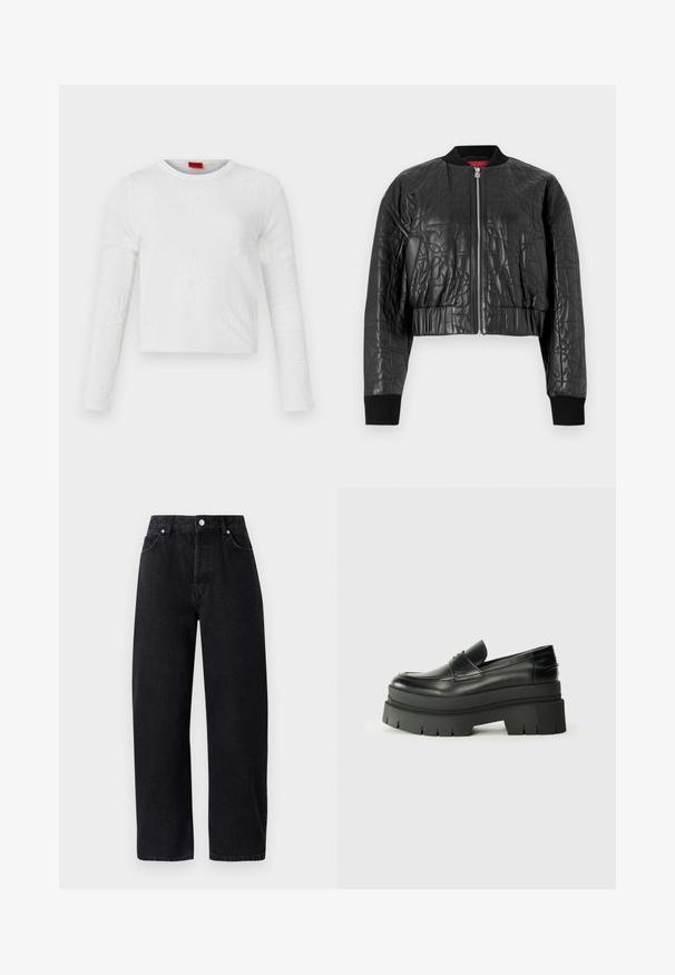 Must mustka bomber-jakk, mis on valmistatud tikitud nahast. Omab lukkfronti, soonikukäiseid ja lühiotsaga disaini koos peente embossitud mustritega.; Valge pikkade varrukatega kudumitoode, millel on lillemustriline tekstuur, ümmargune kaelus ja lühike lõige. Kangas sisaldab kogu pinna ulatuses peeneid kõrgendatud mustreid.; Kõrge vöökohaga, sirged mustad denim püksid, viie taskuga, metallist nööpidega ja toon-toonis õmblustega. Sile tekstuur, minimalistik disain.; Mustad mustrennistest nahast mokad, millel on paks platvormi tald. Ümar varvas, eesmine õmblusdetail ja peened õmblemisaktsendid. Lame, tekstureeritud välistald.