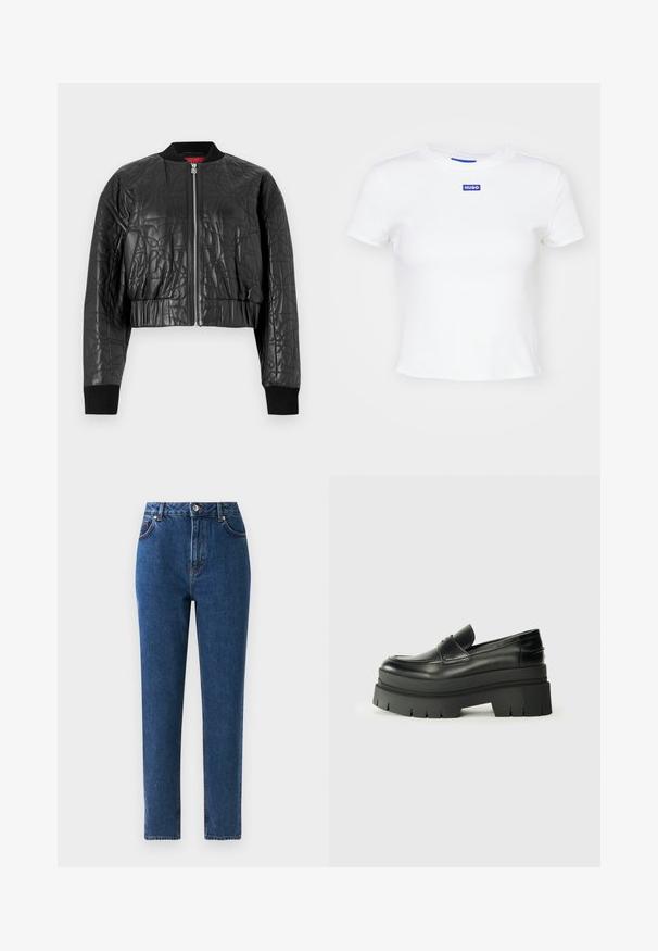 Jachetă bomber neagră din piele matlasată. Prezintă un fermoar frontal, manșete ribulate și un design scurt cu modele subtile embosate.; Cămașă albă din bumbac cu mâneci scurte, decolteu rotund și un patch rectangular albastru cu inscripția "HUGO" în centrul frontal.; Jeans din denim albastru cu talie înaltă, cu croială dreaptă, cinci buzunare, închidere cu buton metalic și detalii cusute de-a lungul cusăturilor.; Loafers din piele neagră cu o talpă platformă masivă. Vârf rotunjit, detalii cu cusătura frontală și accente subtile de broderie. Talpă plată, texturată.