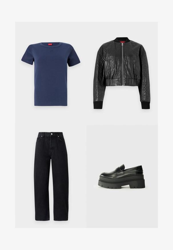 Melnā aviatoru jaka, izgatavota no quiltētas ādas. Ir rāvējslēdzēja priekšpuse, ribotas aproces un īsā dizaina ar smalkiem reljefiem rakstiem.; Tumši zila kokvilnas T-kreklu ar apaļu kakla izgriezumu, īsām piedurknēm un izspiestu logo uz krūtīm. Gluda tekstūra, klasiskā piegriezne.; Augsta vidukļa, taisna griezuma melnas džinsu bikses ar piecām kabatām, metāla kniedēm un toņu šuvēm. Gluda tekstūra, minimālisma dizains.; Melnas ādas loafers ar masīvu platformas zoli. Noapaļota purngala forma, priekšējā šuvju detaļa un smalki šuvju akcenti. Plakana, teksturēta zole.