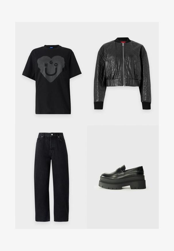 Sort bomberjakke lavet af quiltet læder. Har en lynlås foran, ribbede manchetter og et cropped design med subtile prægede mønstre.; Sort t-shirt, oversized pasform, med en stor hjertegrafik og teksten "HGO" samt en smilende ansigt i blank finish på fronten.; Højtaljede, lige ben sorte denim jeans med fem lommer, metal nitter og tone-i-tone syninger. Glat tekstur, minimalistisk design.; Sorte læder loafers med en kraftig platformsål. Rund tå, forkant-søm detalje og subtile syninger. Flad, struktureret ydersål.