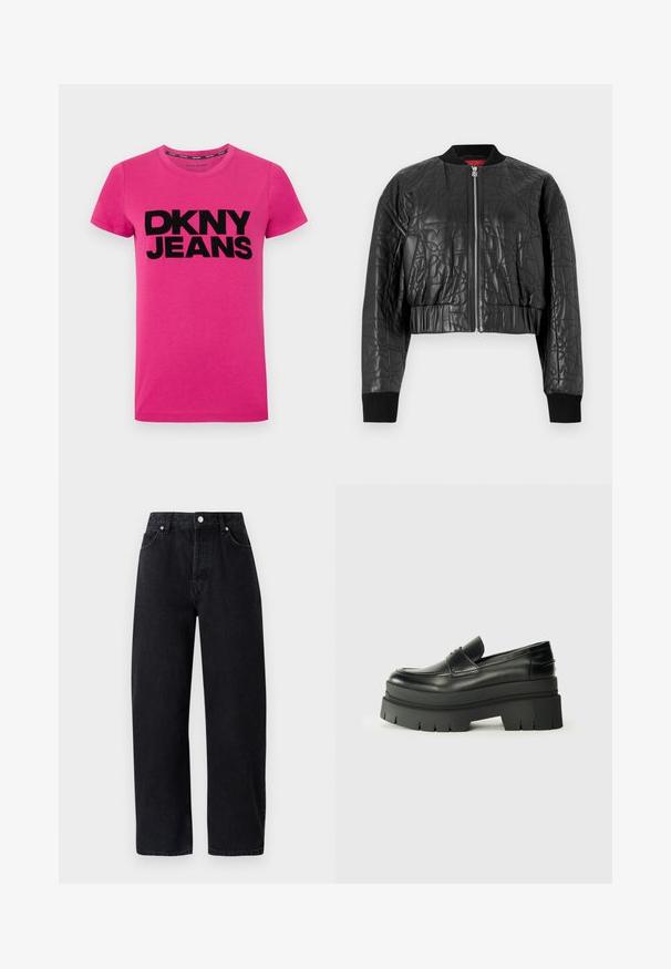 Μαύρο μπουφάν μπομπέρ φτιαγμένο από βεληνεκές δέρμα. Διαθέτει φερμουάρ μπροστά, ριμπ μανσέτες και cropped σχέδιο με λεπτούς αναγλυφούς σχεδιασμούς.; Ροζ κοντομάνικο μπλουζάκι φτιαγμένο από βαμβάκι, με ένα έντονο μαύρο λογότυπο "DKNY JEANS" μπροστά. Απλή στρογγυλή λαιμόκοψη, λεία υφή.; Ψηλόμεσα, ίσια μαύρα τζιν παντελόνια με πέντε τσέπες, μεταλλικές καρφίτσες και τονική ραφή. Λείο υφή, μινιμαλιστικός σχεδιασμός.; Μαύρες δερμάτινες λοφάδες με χοντρή πλατφόρμα. Στρογγυλή μύτη, λεπτομέρεια ραφής μπροστά και διακριτικά διακοσμητικά ραφή. Ίσια, υφασμένη σόλα.