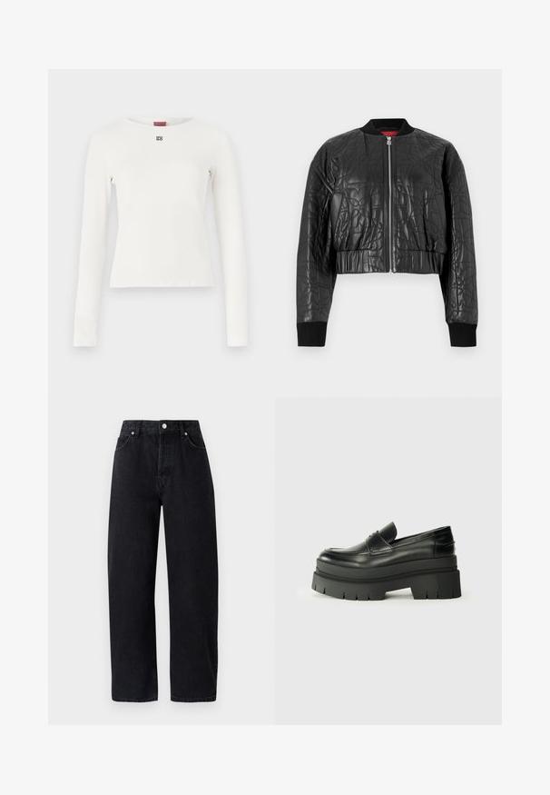 Must mustka bomber-jakk, mis on valmistatud tikitud nahast. Omab lukkfronti, soonikukäiseid ja lühiotsaga disaini koos peente embossitud mustritega.; Valge pika varrukaga t-särk ümmarguse kaeluse ja väikese musta logoga rinna piirkonnas, valmistatud siledast ja venivast kangast.; Kõrge vöökohaga, sirged mustad denim püksid, viie taskuga, metallist nööpidega ja toon-toonis õmblustega. Sile tekstuur, minimalistik disain.; Mustad mustrennistest nahast mokad, millel on paks platvormi tald. Ümar varvas, eesmine õmblusdetail ja peened õmblemisaktsendid. Lame, tekstureeritud välistald.