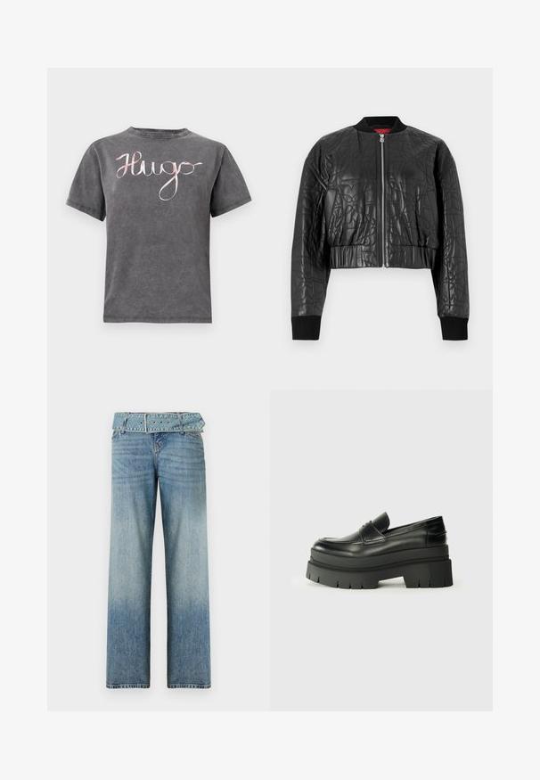 Jachetă bomber neagră din piele matlasată. Prezintă un fermoar frontal, manșete ribulate și un design scurt cu modele subtile embosate.; Tricou din bumbac gri cu guler rotund și mâneci scurte, având un logo roz cursiv "Hugo" pe piept. Textură moale și design casual.; Jeans din denim albastru deschis cu un design tip wide-leg, având o talie accentuată cu curea asortată și o decolorare graduală de la închis la deschis.; Loafers din piele neagră cu o talpă platformă masivă. Vârf rotunjit, detalii cu cusătura frontală și accente subtile de broderie. Talpă plată, texturată.