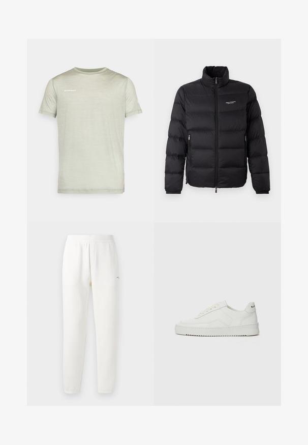 Juodas pūkinis švarkas su aukštu kaklu, turintis priekinį užtrauktuką ir dvi šonines kišenes. Lengvai siuvinėta medžiaga su prekės ženklu krūtinėje.; Armani Exchange Džemperis - dark gull zig zag; Šviesiai žalia trumpomis rankovėmis marškinėliai, pagaminti iš minkštos medžiagos. Su apvaliu kaklu ir balta „MAMMUT“ logotipo spauda ant krūtinės.; Baltos sportinės kelnės, pagamintos iš minkštos medžiagos, su elastinga juosta, siaurėjančiomis kojomis ir maža logo ant kairės pusės.; Balti odiniai sportiniai bateliai su lygia apdaila, apvaliu pirštu, plokščiais raišteliais ir tekstūruotu padu. Pasižymi subtiliu logotipu ant kulno.