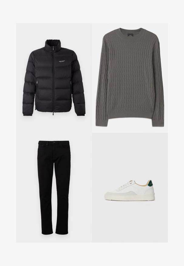 Svart puffjacka med hög krage, med en framsida som har dragkedja och två sidofickor. Lätt vadderat tyg med logotypen på bröstet.; Armani Exchange Stickad tröja - dark gull zig zag; Svarta denimjeans med slim fit, femfickdesign, knappstängning fram och subtila sömdetaljer. Slät textur, inga mönster.; Vit sneaker med mockadetaljer, rund tå, platta snören och en krämfärgad gummisula. Har grön branding på hälen.