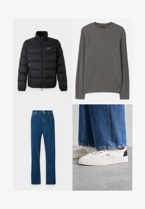 Melna pūkaina jaka ar augstu apkakli, ar priekšējo rāvējslēdzēju un divām sānu kabatām. Viegls, quiltēts audums ar zīmola logo uz krūtīm.; Armani Exchange Džemperis - dark gull zig zag; Zilas džinsu bikses ar augstu jostu, taisnu kāju dizainu, piecu kabatu stilu un kontrastējošām oranžām šuvēm. Gluda tekstūra.; Balti un melni apavi ar gludu ādas virsu, teksturētiem akcentiem un masīvu baltu zoli. Iespējojot klasisku šņorējamu dizainu.