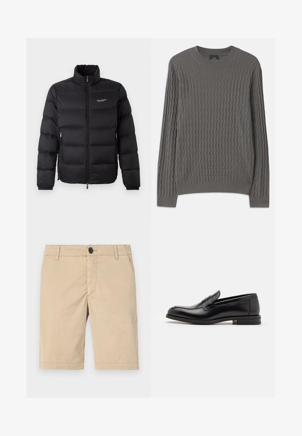 Melna pūkaina jaka ar augstu apkakli, ar priekšējo rāvējslēdzēju un divām sānu kabatām. Viegls, quiltēts audums ar zīmola logo uz krūtīm.; Armani Exchange Džemperis - dark gull zig zag; Kaki šorti, kas izgatavoti no kokvilnas. Iekļauj rāvējslēdzēja aizdari, pogu aizdari, priekšējās kabatas, šūtās šuves un plakanu priekšpusi.; Melnas ādas kurpes ar gludu tekstūru, noapaļu purngalu un dekoratīvu siksniņu pāri priekšpusei. Zems sakrauts papēdis, minimālisma dizains.