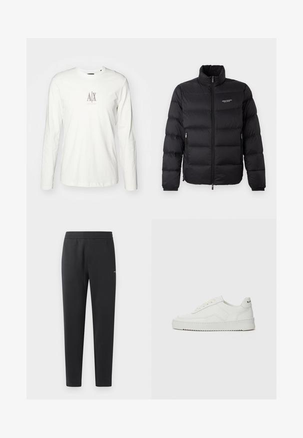 Čierna zateplená bunda s vysokým golierom, s predným zipsom a dvoma bočnými vreckami. Jemne prešívaná tkanina s logom značky na hrudi.; Čierna mikina vyrobená z mäkkej tkaniny. Má okrúhly výstrih a dlhé rukávy. Na prednej strane zobrazuje "ARMANI EXCHANGE" a "1991" v kontrastných farbách.; Biela bavlnená tričko s dlhým rukávom, ktoré má v strede malé béžové logo s nápisom "AX". Hladká textúra a klasický okrúhly výstrih.; Čierne joggingové nohavice z mäkkej tkaniny, s elastickým pásom, rovnými nohavicami a malým logom na boku.; Biele kožené tenisky s hladkým povrchom, okrúly špičkový dizajn, ploché šnúrky a textúrovaná podrážka. Obsahujú jemné logo na päte.