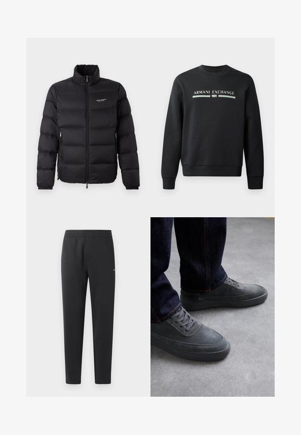 Černá péřová bunda s vysokým límcem, vybavená předním zipem a dvěma bočními kapsami. Lehce prošívaná látka s logem značky na hrudi.; Černá mikina vyrobená z měkké látky. Má klasický kulatý výstřih a dlouhé rukávy. Na přední straně je nápis "ARMANI EXCHANGE" a "1991" v kontrastních barvách.; Černé joggingové kalhoty vyrobené z měkké tkaniny, s elastickým pasem, rovnými nohavicemi a malým logem na boku.; Šedé semišové tenisky s texturovaným povrchem, plochými gumovými podrážkami a šněrováním, spárované s tmavými džíny s oranžovým prošíváním.