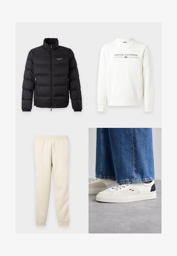 Černá péřová bunda s vysokým límcem, vybavená předním zipem a dvěma bočními kapsami. Lehce prošívaná látka s logem značky na hrudi.; Bílá mikina s kulatým výstřihem, dlouhými rukávy a žebrovanými manžetami. Na přední straně je potisk "Armani Exchange 1991" v modré a zelené barvě.; Světlé béžové tepláky vyrobené z jemné látky s taperovaným střihem, elastickým pasem a manžetami na kotnících. Žádné viditelné vzory nebo akcenty.; Bílé a černé tenisky s hladkým koženým svrškem, texturovanými akcenty a robustní bílou podešví. Mají klasický design se šněrováním.