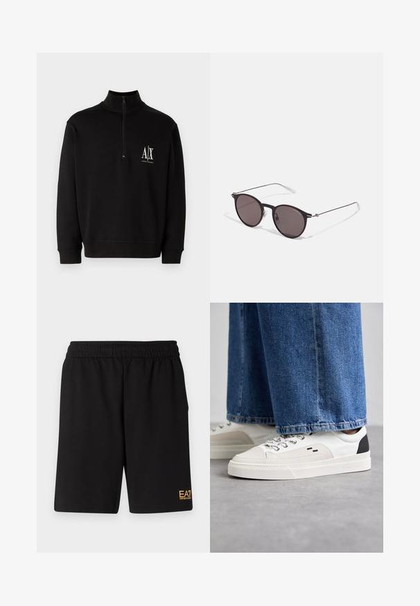 Fekete puffernadrág magas gallérral, elülső cipzárral és két oldalsó zsebbel. Enyhén steppelt anyag, márk логóval a mellkason.; Fekete, cipzáras pulóver pamut keverékből. Jellemzője a magas gallér, bordázott mandzsetta, és egy kis fehér logó a bal mellen.; Fekete pamut póló, kerek nyakkal, rövid ujjakkal, rajta fehér "EMPORIO ARMANI" logó, a "Milano" felirattal ívelt formában.; Fekete sportnadrág puha anyagból, rugalmas derékkal és egy kis sárga EA7 logóval a bal alsó lábszáron.; Fehér és fekete sportcipők sima bőrből készült felsőrésszel, texturált díszítésekkel és vastag fehér talppal. Klasszikus fűzős kivitel jellemzi.; Fekete kerek napszemüveg sötét lencsékkel és karcsú fém szárakkal. Átlátszó szárvégeket és ezüst részleteket tartalmaz az ívnél. Minimalista dizájn.
